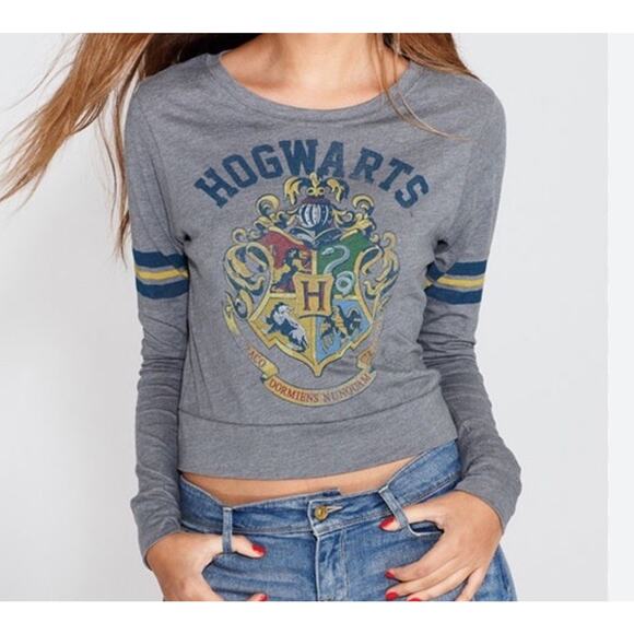 Harry Potter Crop Top Size Small Dark Gray Long Sleeve Tee Academia Grunge - Picture 2 of 11